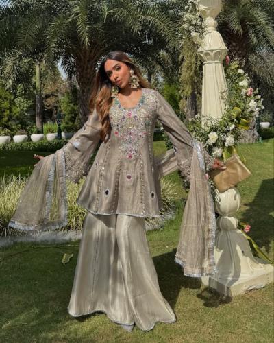 Silver Embroidered Silk Fabric Suit