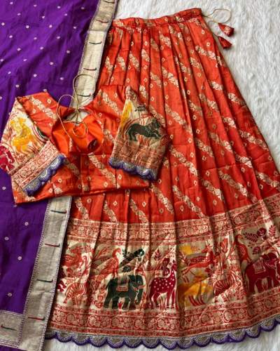 Animals Bandhej Leheriya Viscose Tissue Silk Lehenga with Paithani Blouse and Muniya Border Dupatta