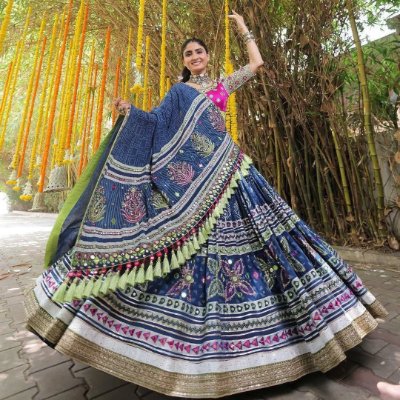 Navratri Satin Silk Lehenga with Mirror and Digital Print
