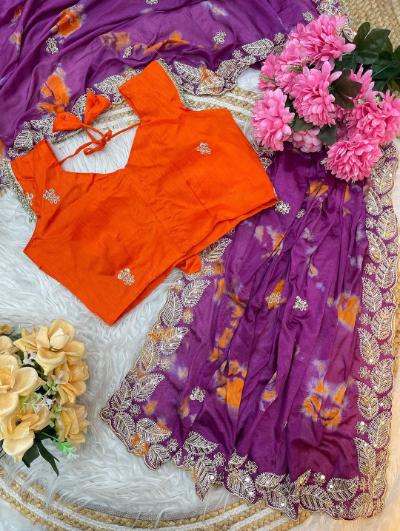 Chinnon Prism Dyble Fabric Embroidery Saree with Stitched Blouse