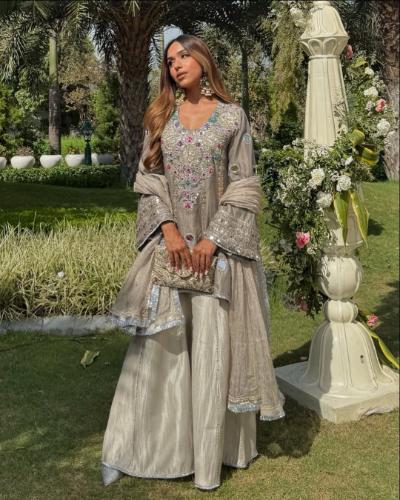 Silver Embroidered Silk Fabric Suit