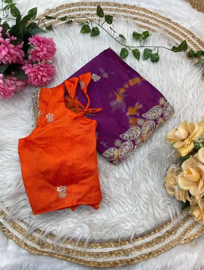 Chinnon Prism Dyble Fabric Embroidery Saree with Stitched Blouse