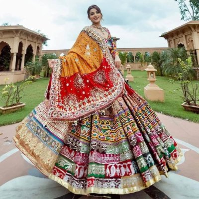 Navratri Satin Silk Lehenga with Mirror and Digital Print