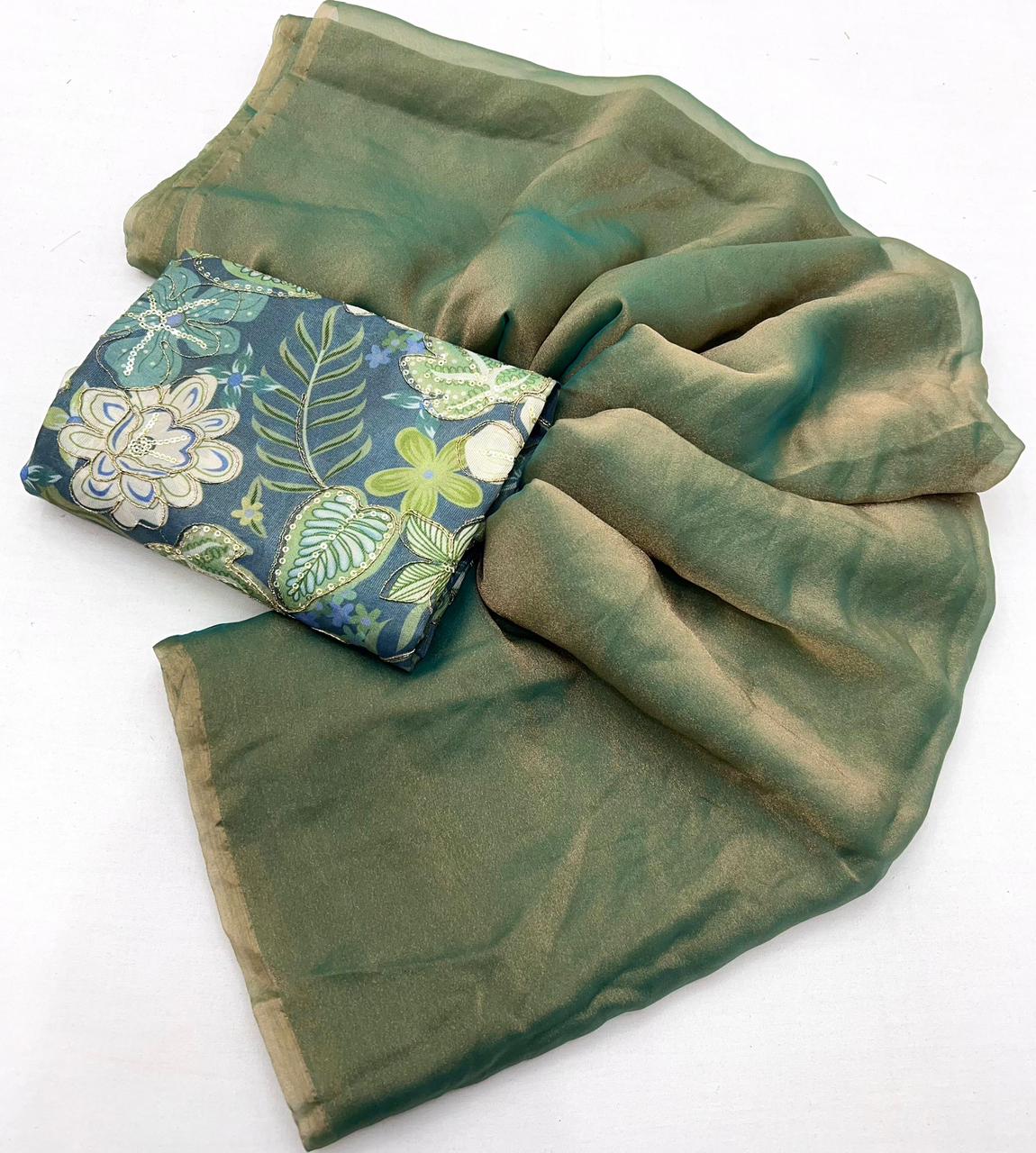 Fendy Space Silk Fabric Saree With Beautiful Floral Print Heavy Sequence Coding Work Blouse