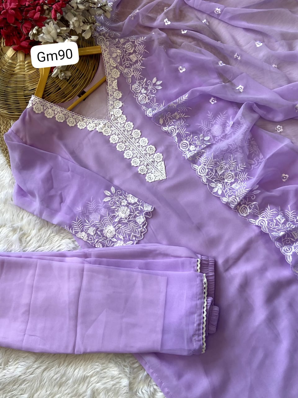 Elegant Lavender Embroidered Kurti Set