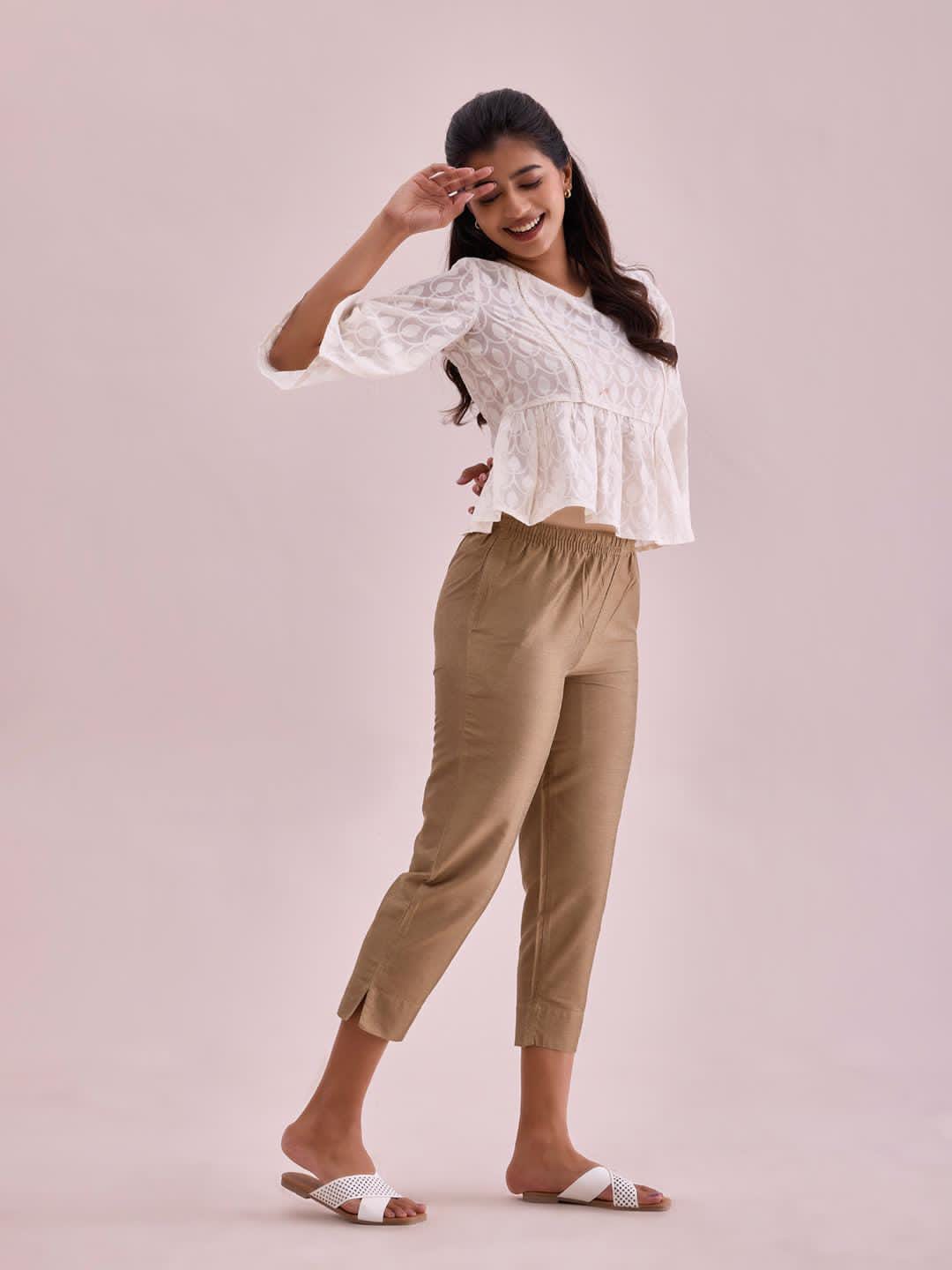 Chic Beige Cropped Pants with White Embroidered Top
