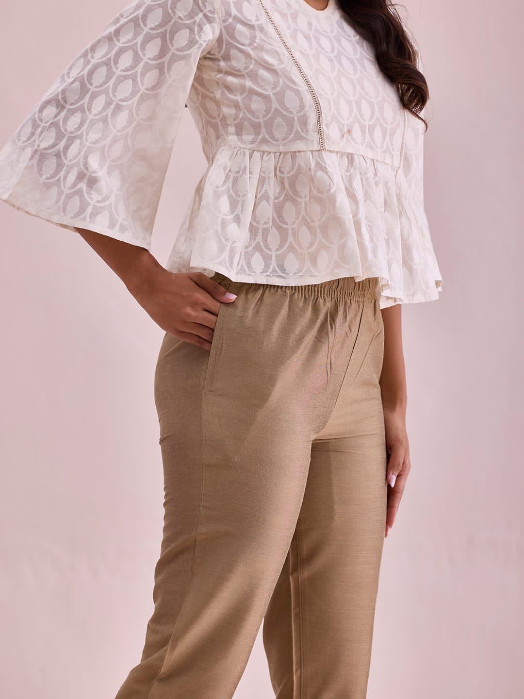 Chic Beige Cropped Pants with White Embroidered Top