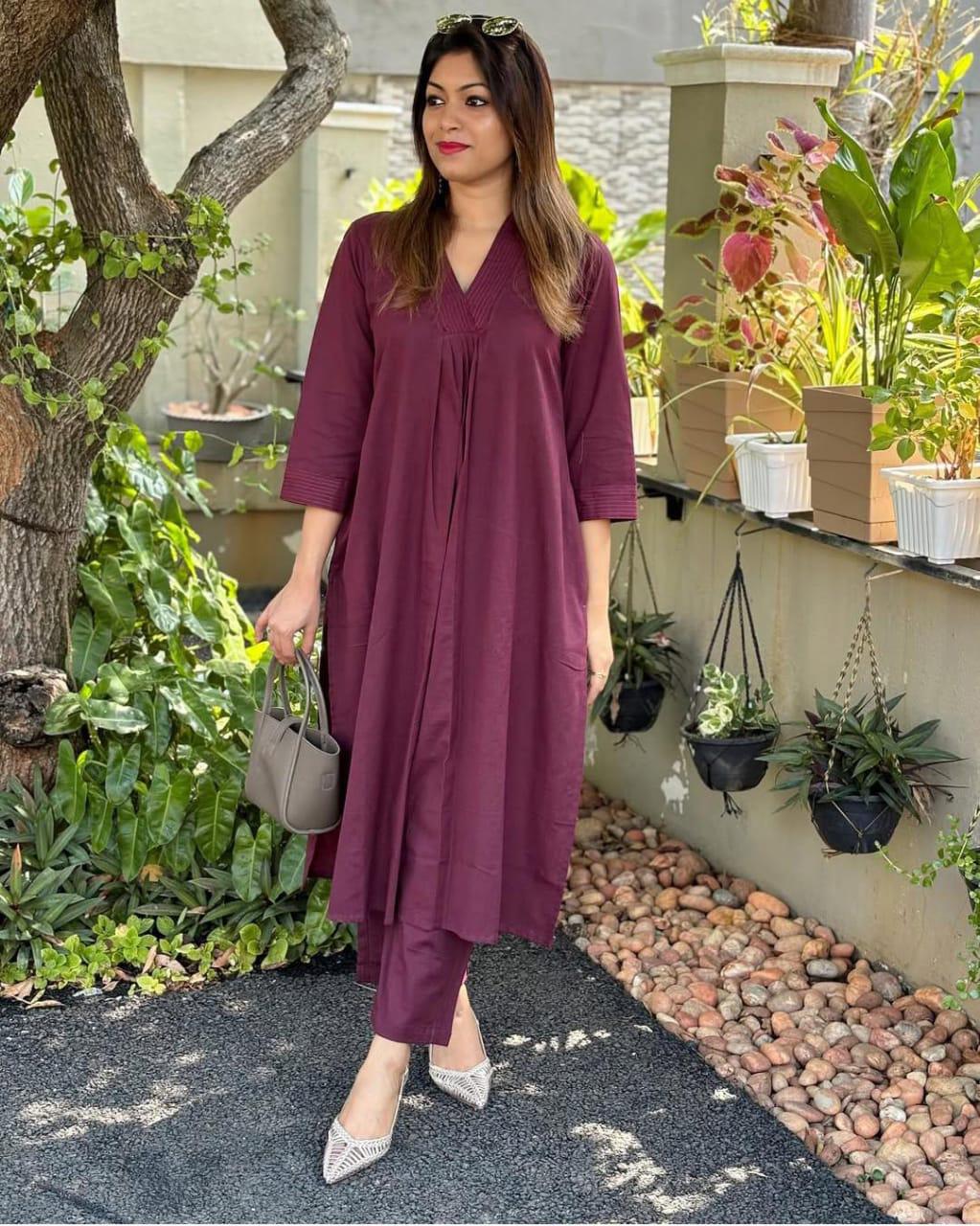 Maroon Cord-Set Suit with V-Neck and Matching Pants