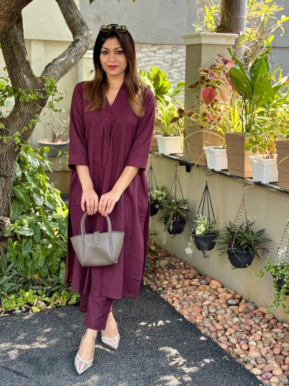 Maroon Cord-Set Suit with V-Neck and Matching Pants