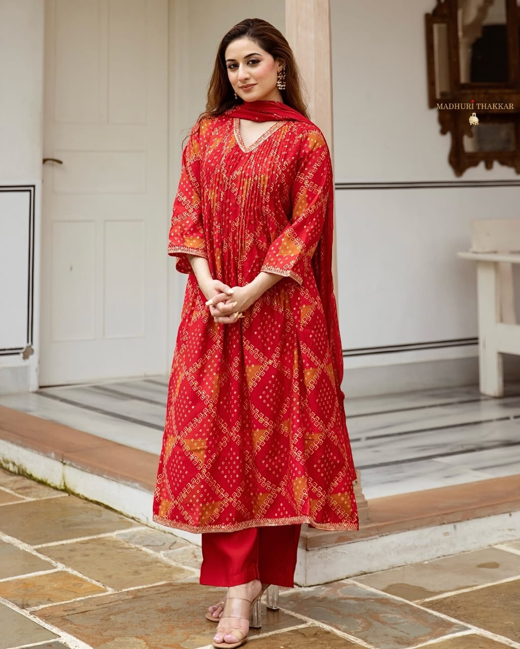 Elegant Red Bandhani Print Kurti Set with Dupatta
