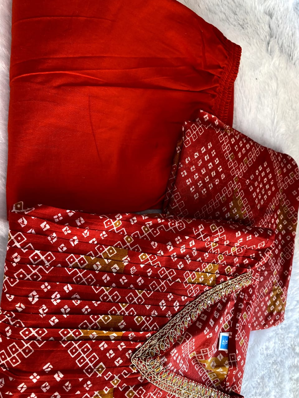 Elegant Red Bandhani Print Kurti Set with Dupatta