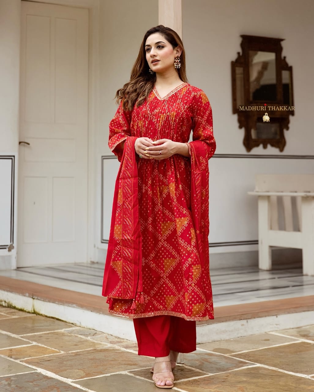 Elegant Red Bandhani Print Kurti Set with Dupatta