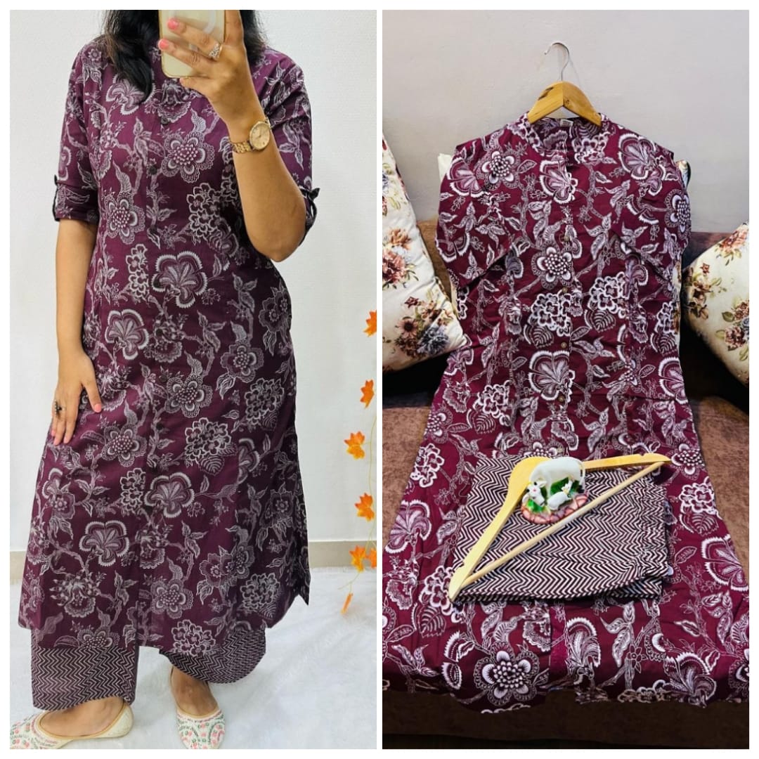 Premium Floral Fine Cotton Kurti & Palazzo Set
