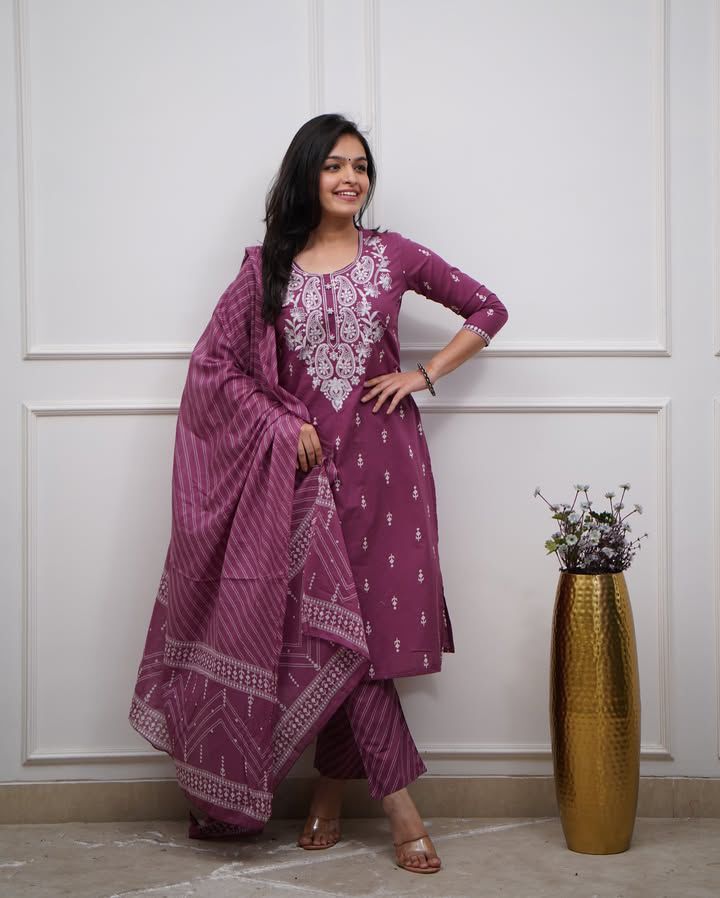 Premium Cotton Embroidered Kurti Set with Dupatta
