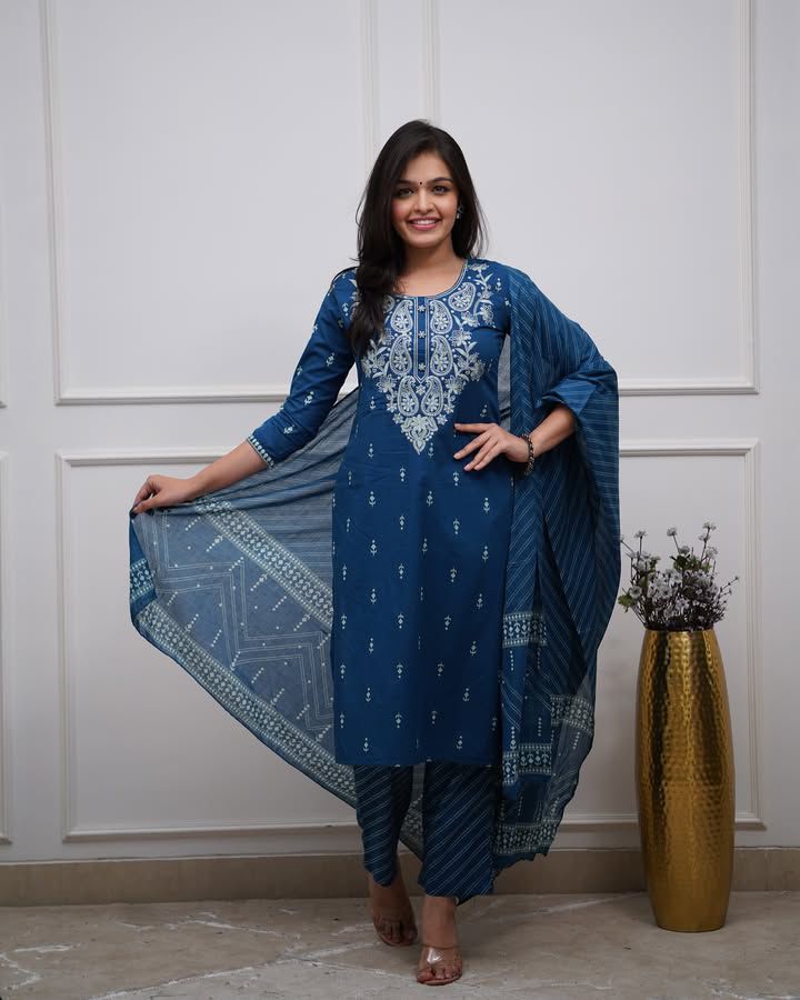 Premium Cotton Embroidered Kurti Set with Dupatta