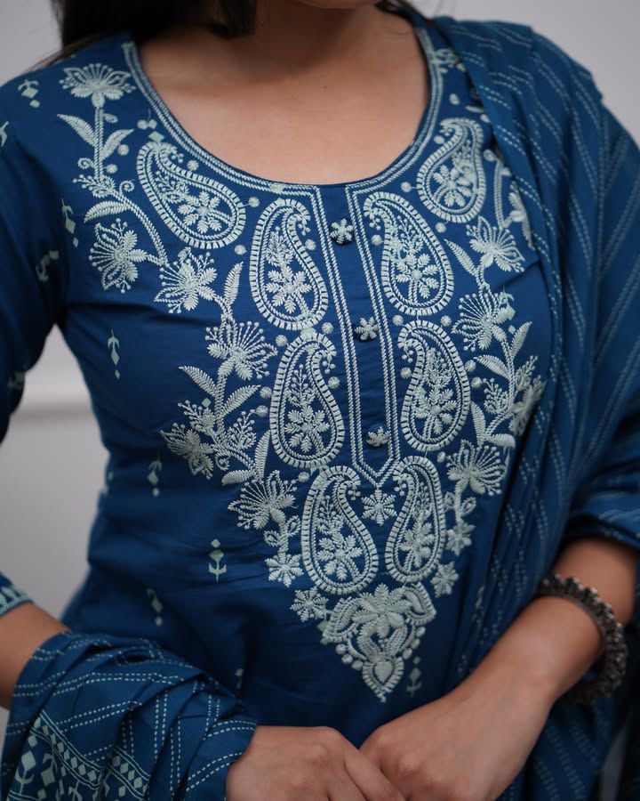 Premium Cotton Embroidered Kurti Set with Dupatta