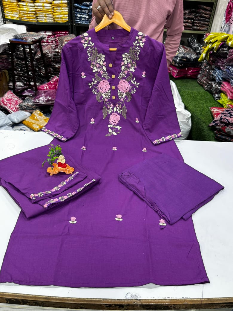 Cotton Embroidered Kurti Set with Pocket Pant & Dupatta