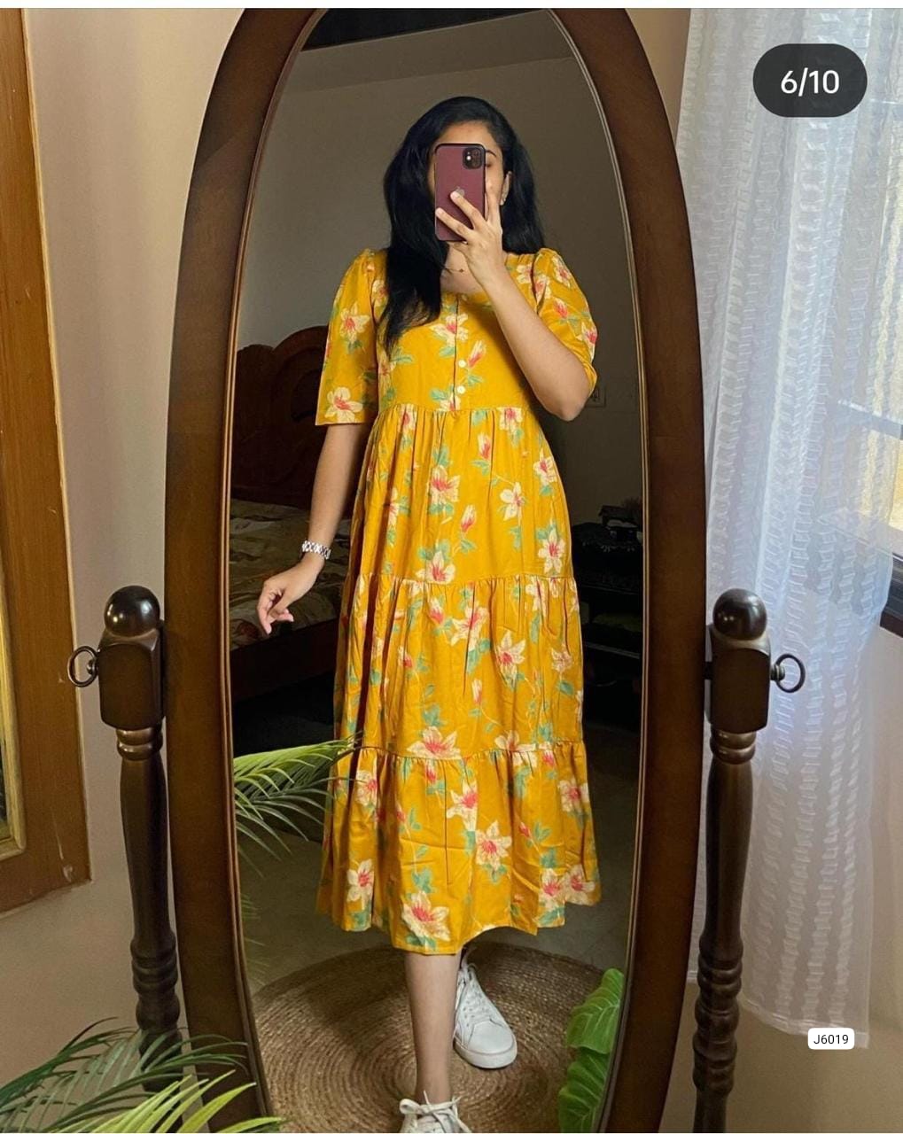 Lotus-Printed Cotton Midi Gown