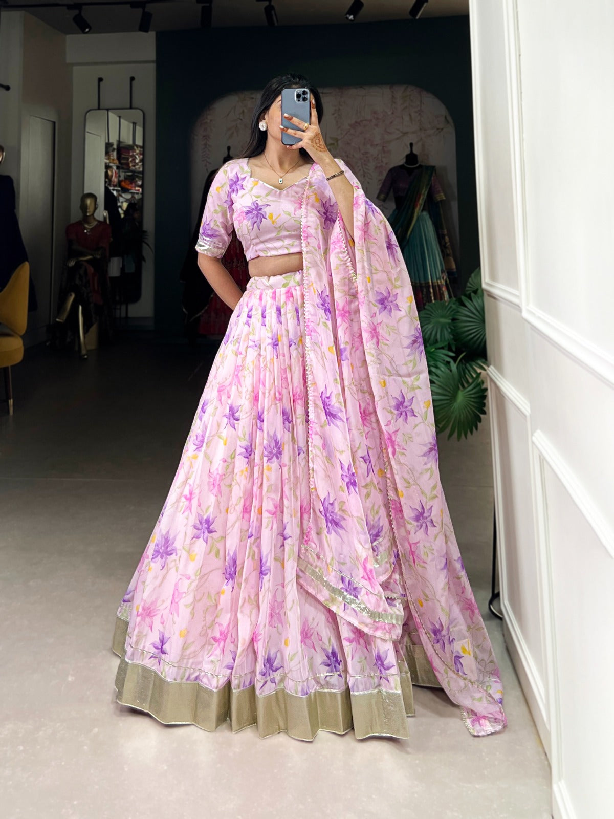 Elegant Floral Tabby Silk Lehenga Set