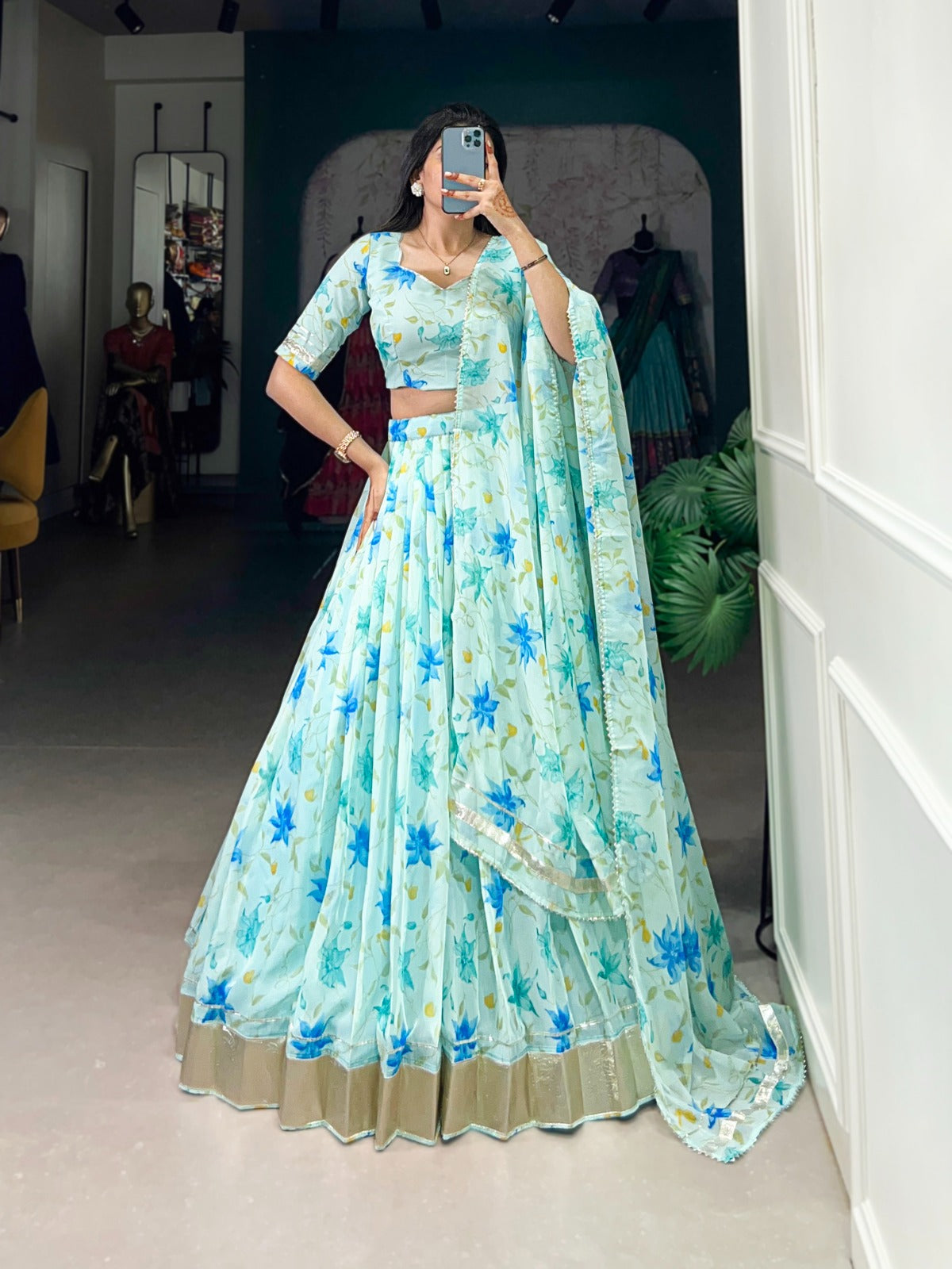 Elegant Floral Tabby Silk Lehenga Set