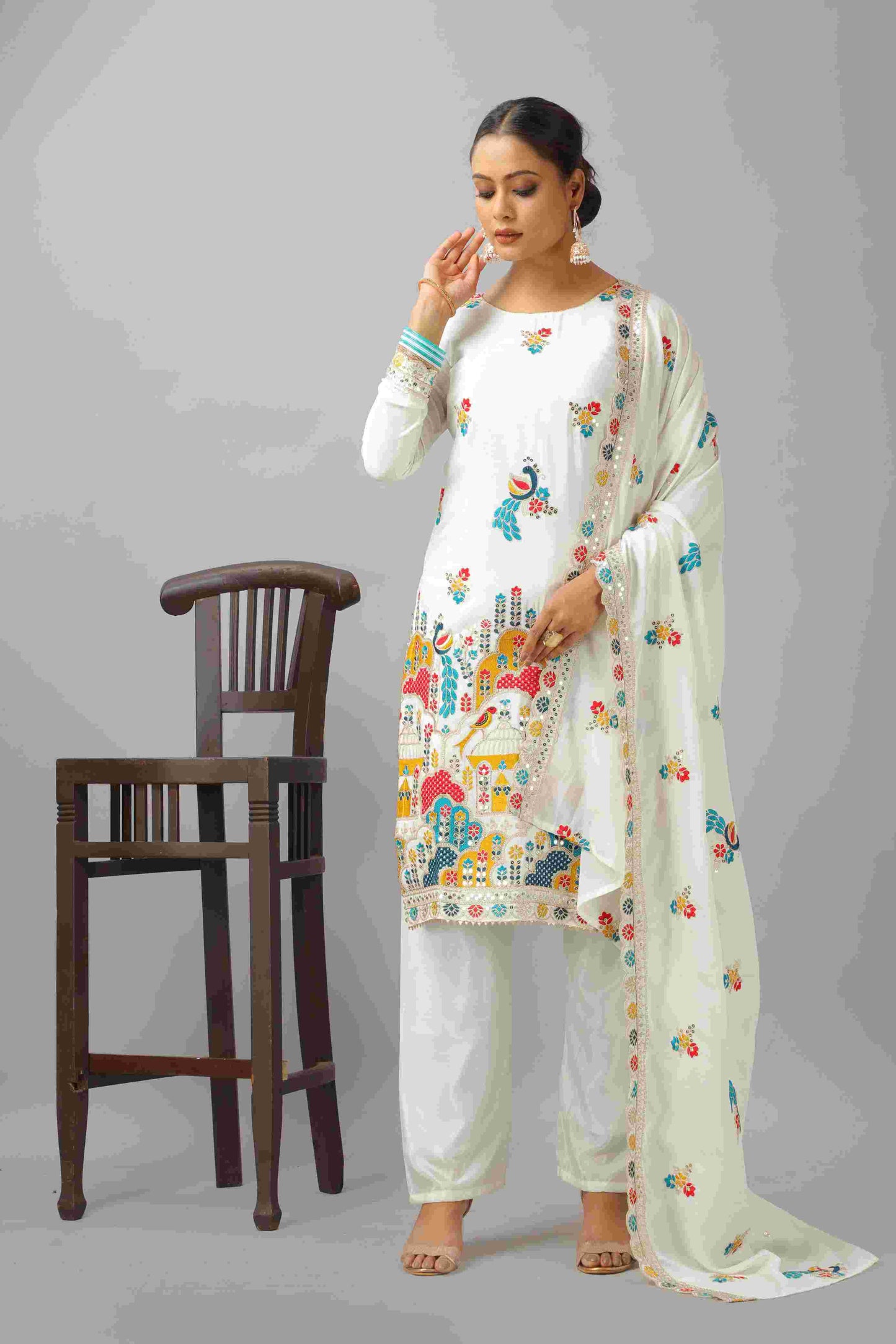Handwork Kurti Set with Organza Dupatta & Pants