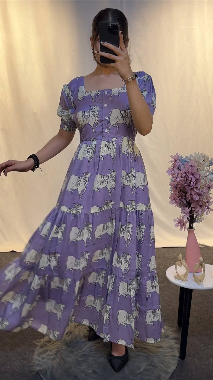 Elegant Lavender Cow Print Cotton Dress
