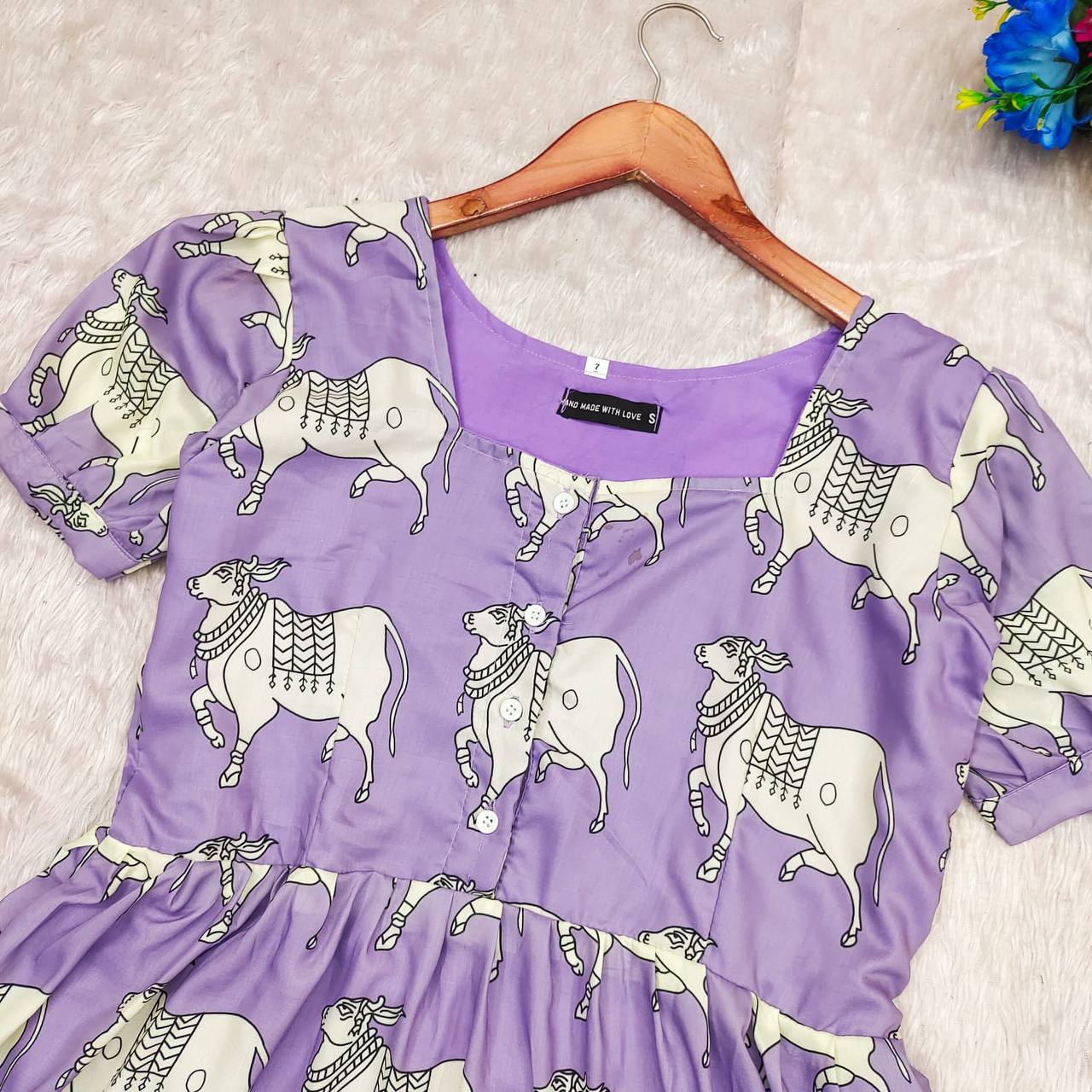 Elegant Lavender Cow Print Cotton Dress