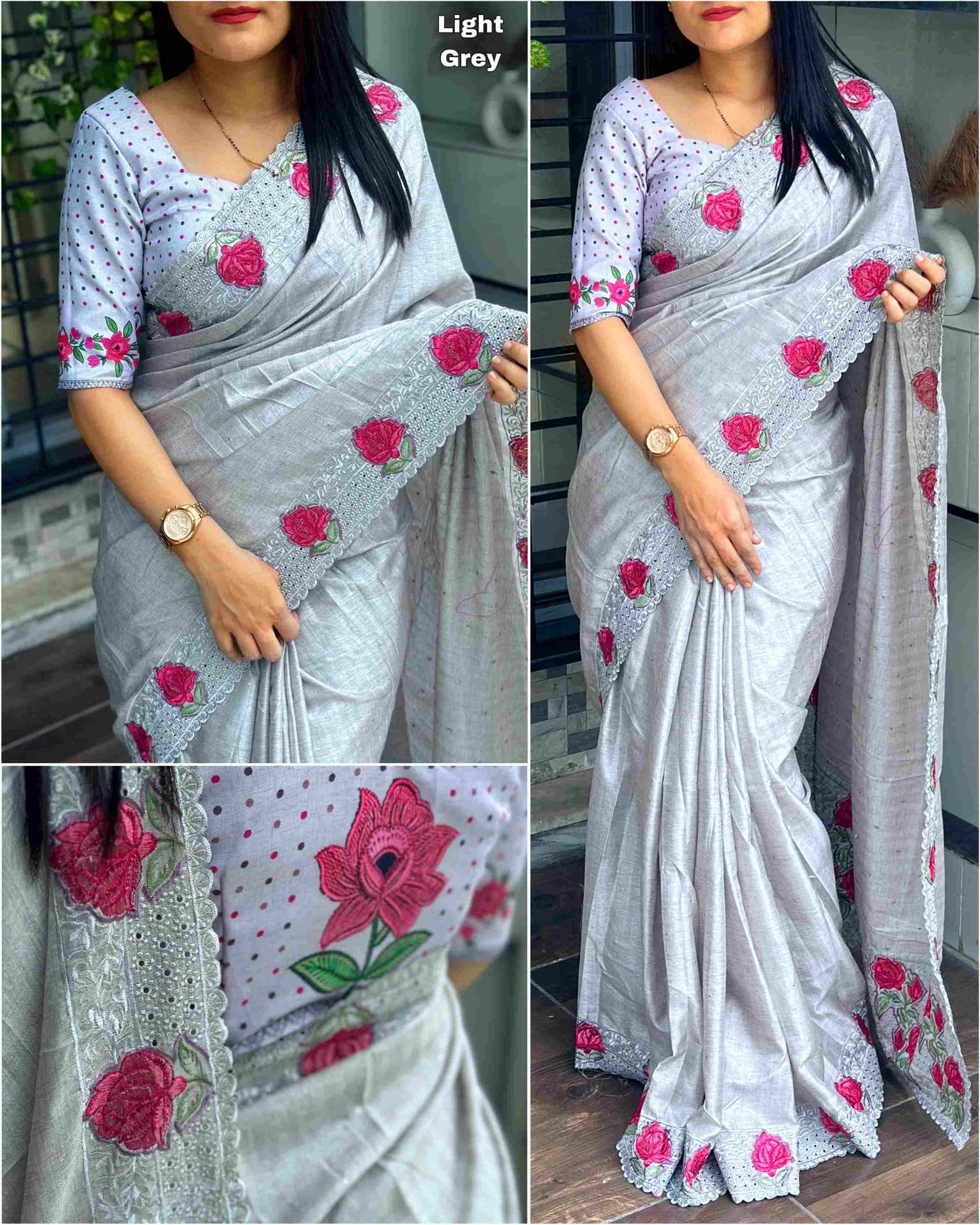 Tussar Cotton Embroidered Saree with Digital Print Blouse