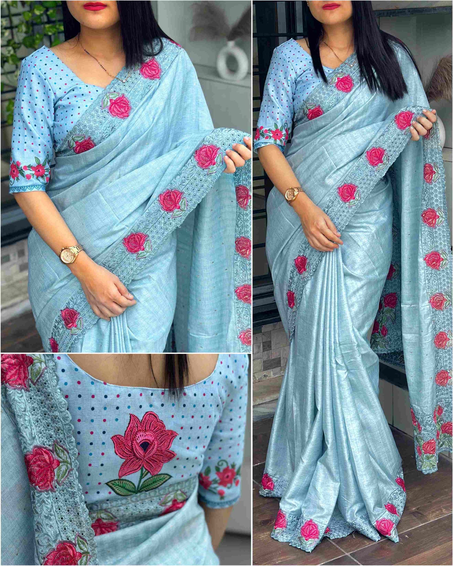 Tussar Cotton Embroidered Saree with Digital Print Blouse