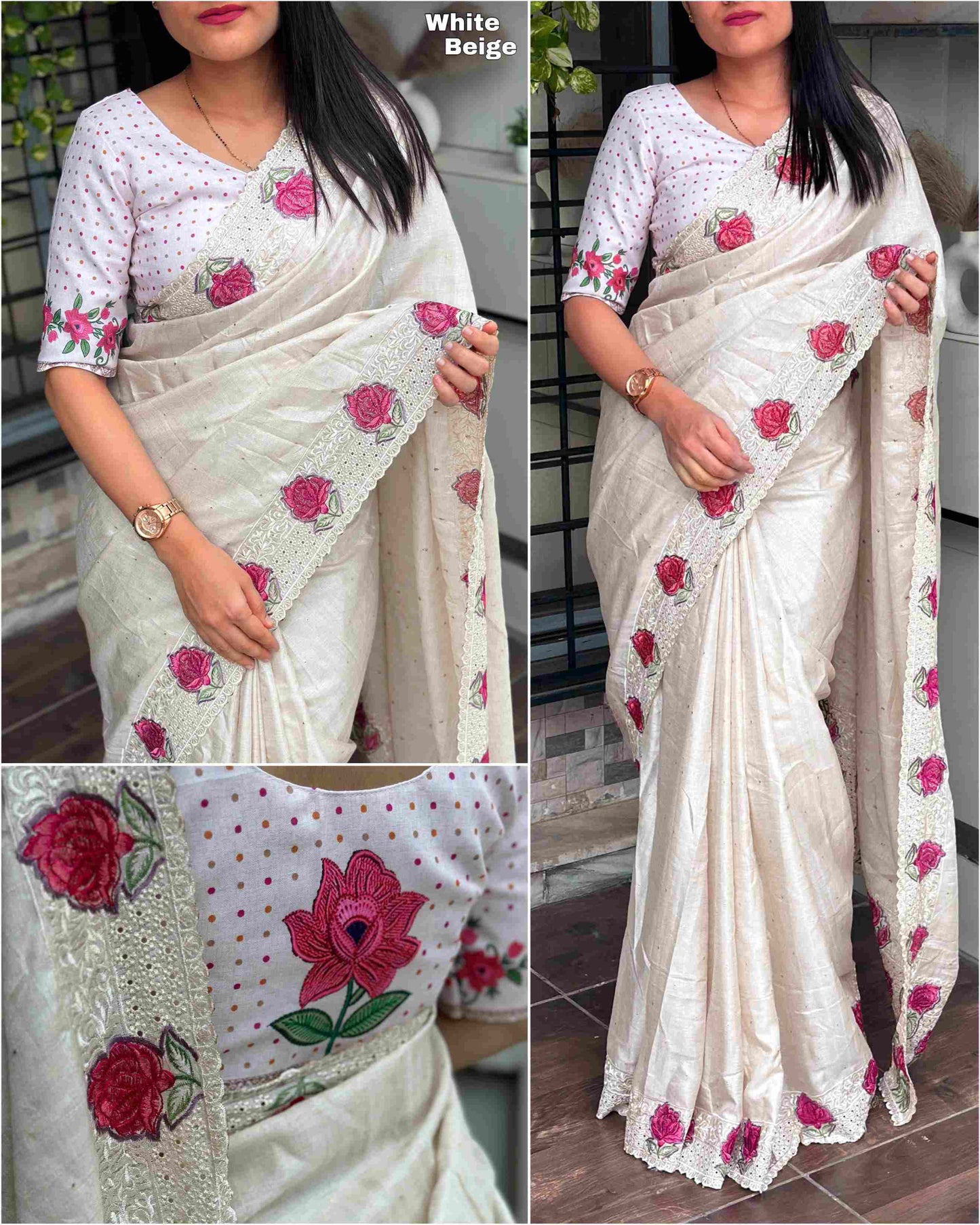 Tussar Cotton Embroidered Saree with Digital Print Blouse