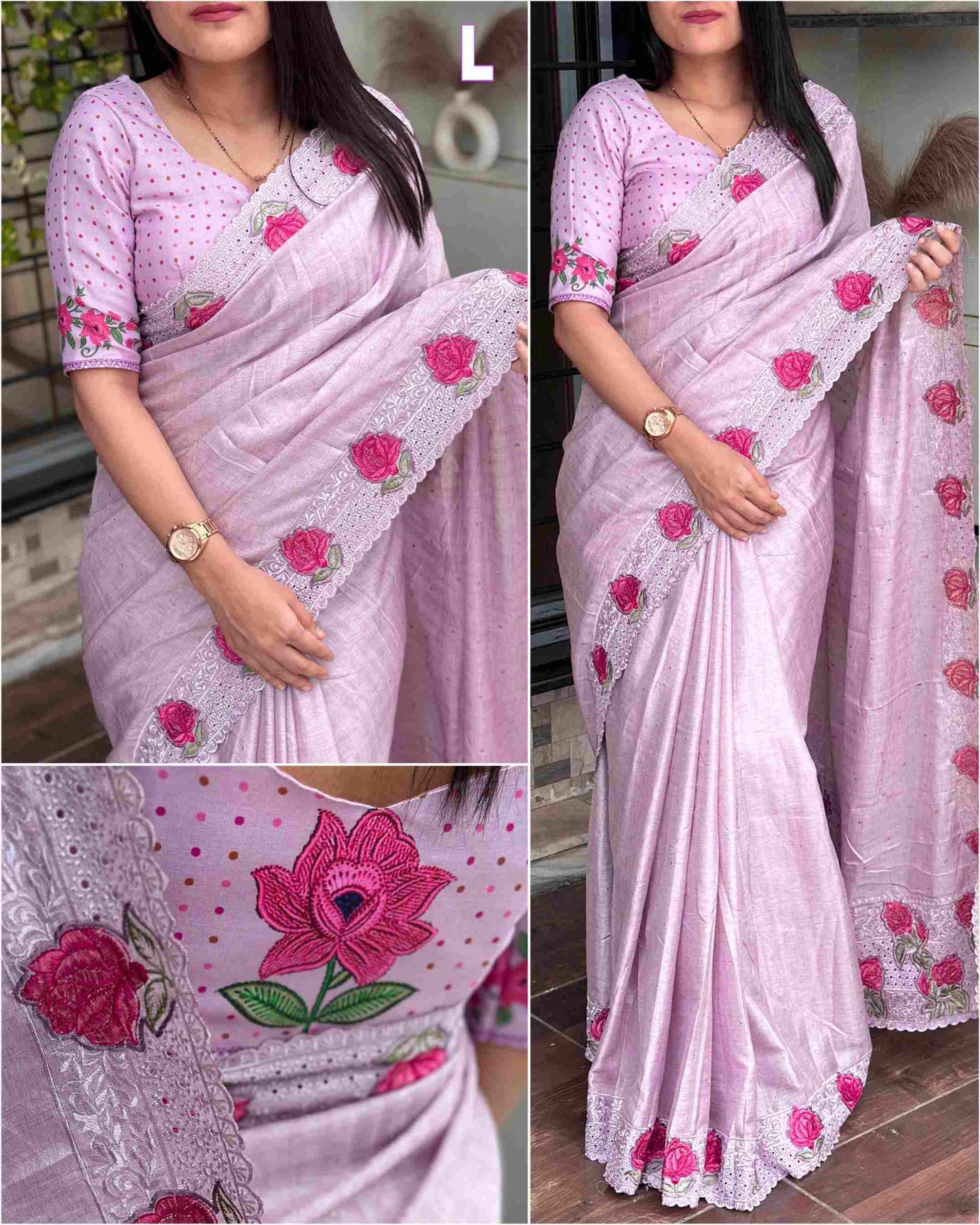 Tussar Cotton Embroidered Saree with Digital Print Blouse