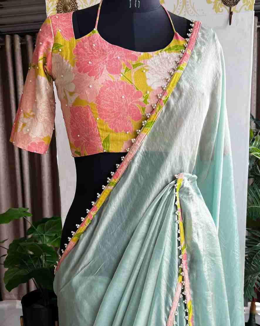 Flower Border Print Space Silk Saree