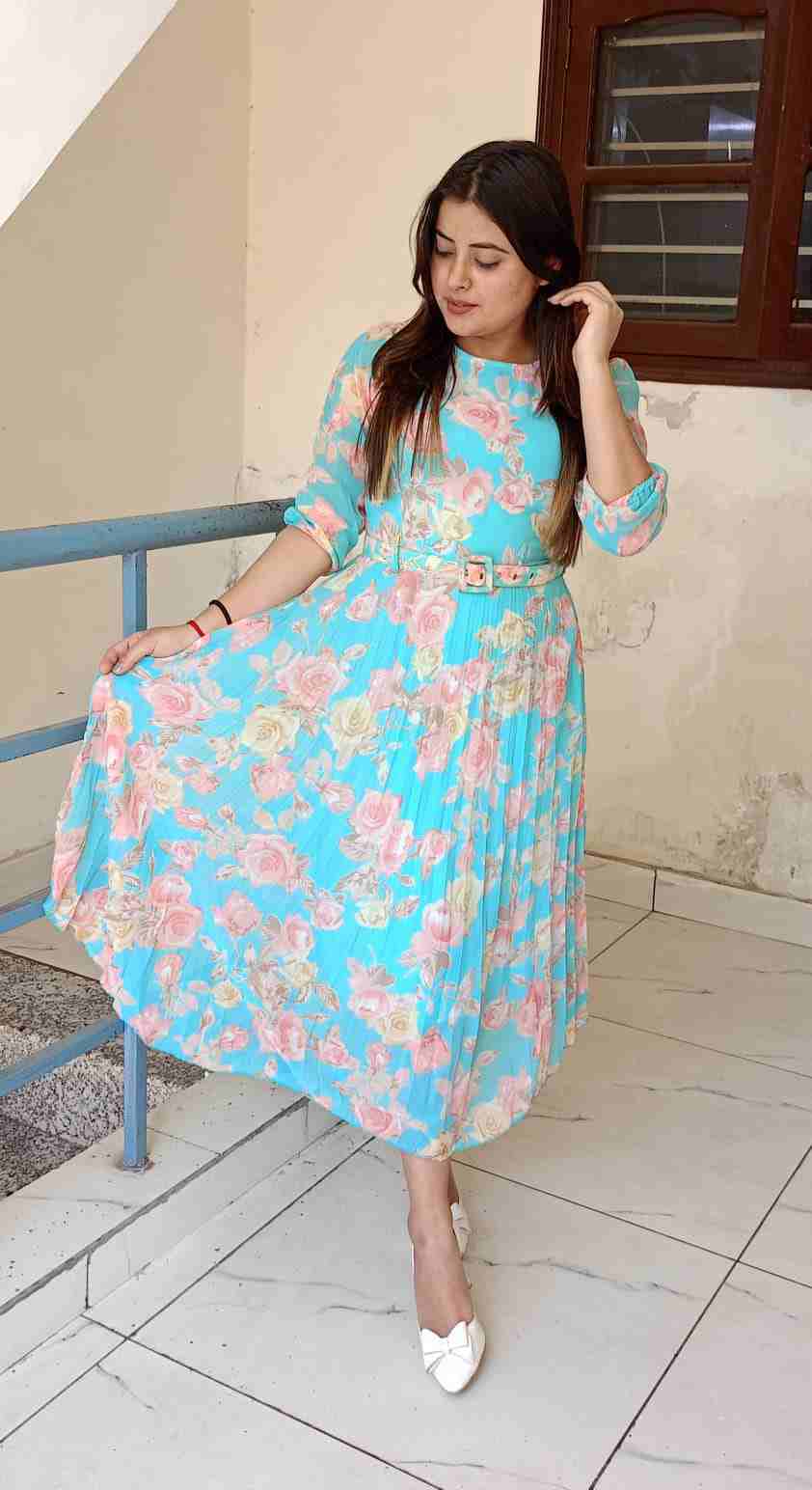 Elegant Puff Sleeve Floral Pleated Dress