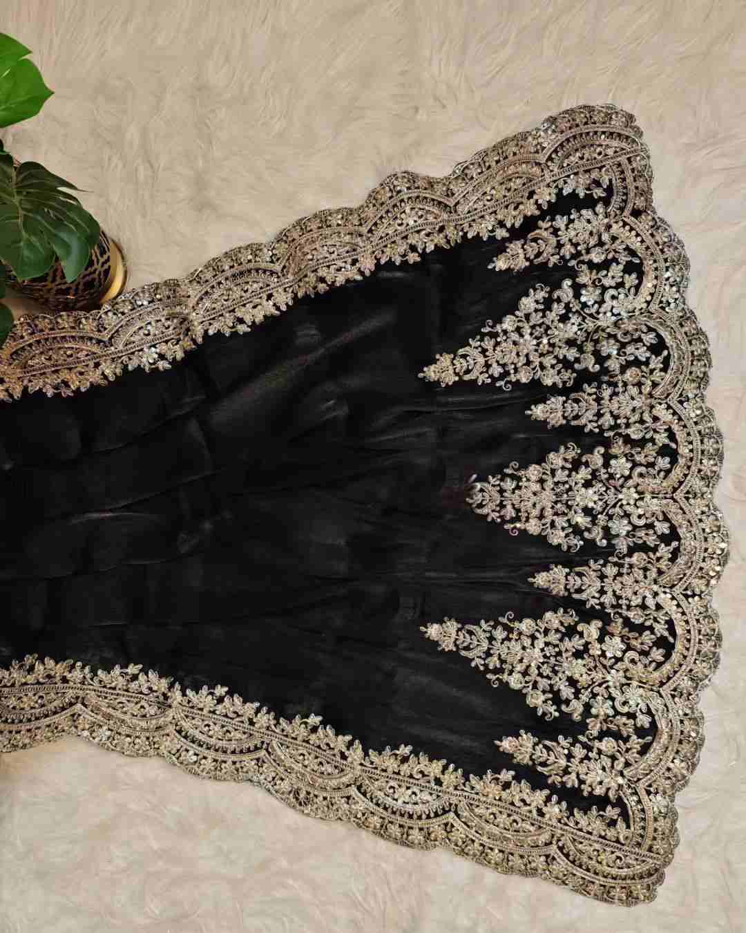 Elegant Soft Satin Organza Black Saree