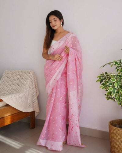 Pink Soft Linen Zari Saree with Weaving Work Blouse