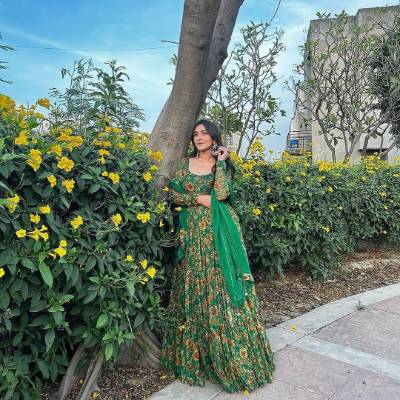 Green Digital Printed Georgette Anarkali Gown with Dupatta