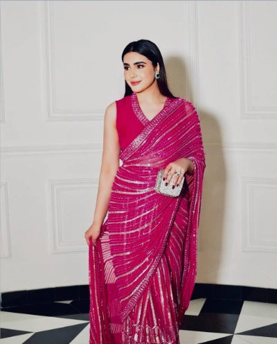 Pink Sequined Georgette Saree
