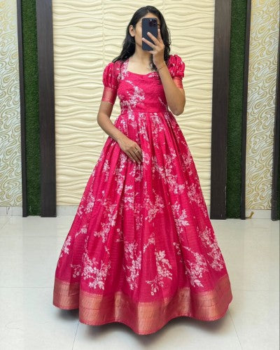 Soft Dola Silk Kalamkari Printed Gown with Jacquard Border