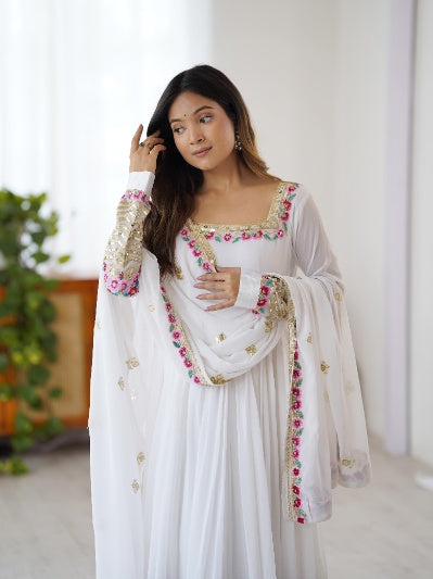 Heavy Georgette Embroidered Gown with Micro Cotton Bottom and Georgette Dupatta