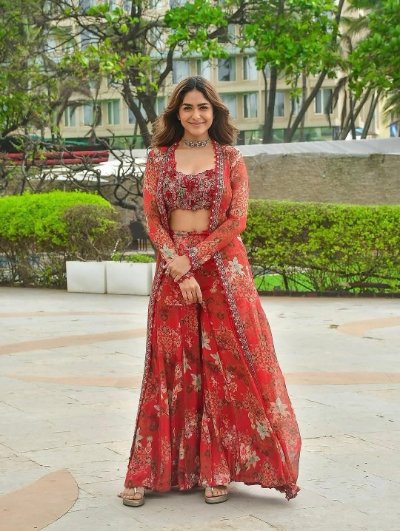 Embroidered Georgette Cape Set with Sharara and Silk Blouse