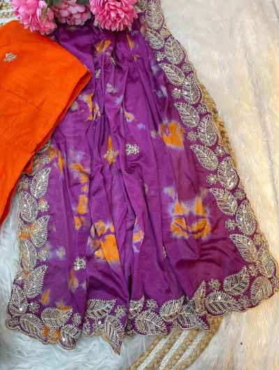 Chinnon Prism Dyble Fabric Embroidery Saree with Stitched Blouse