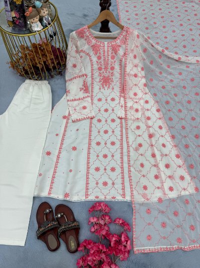 Embroidered Roman Silk A-Line Top with Plazo and Georgette Dupatta