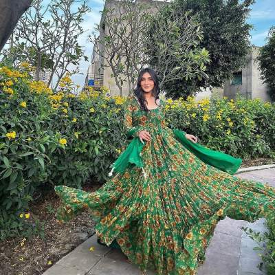 Green Digital Printed Georgette Anarkali Gown with Dupatta